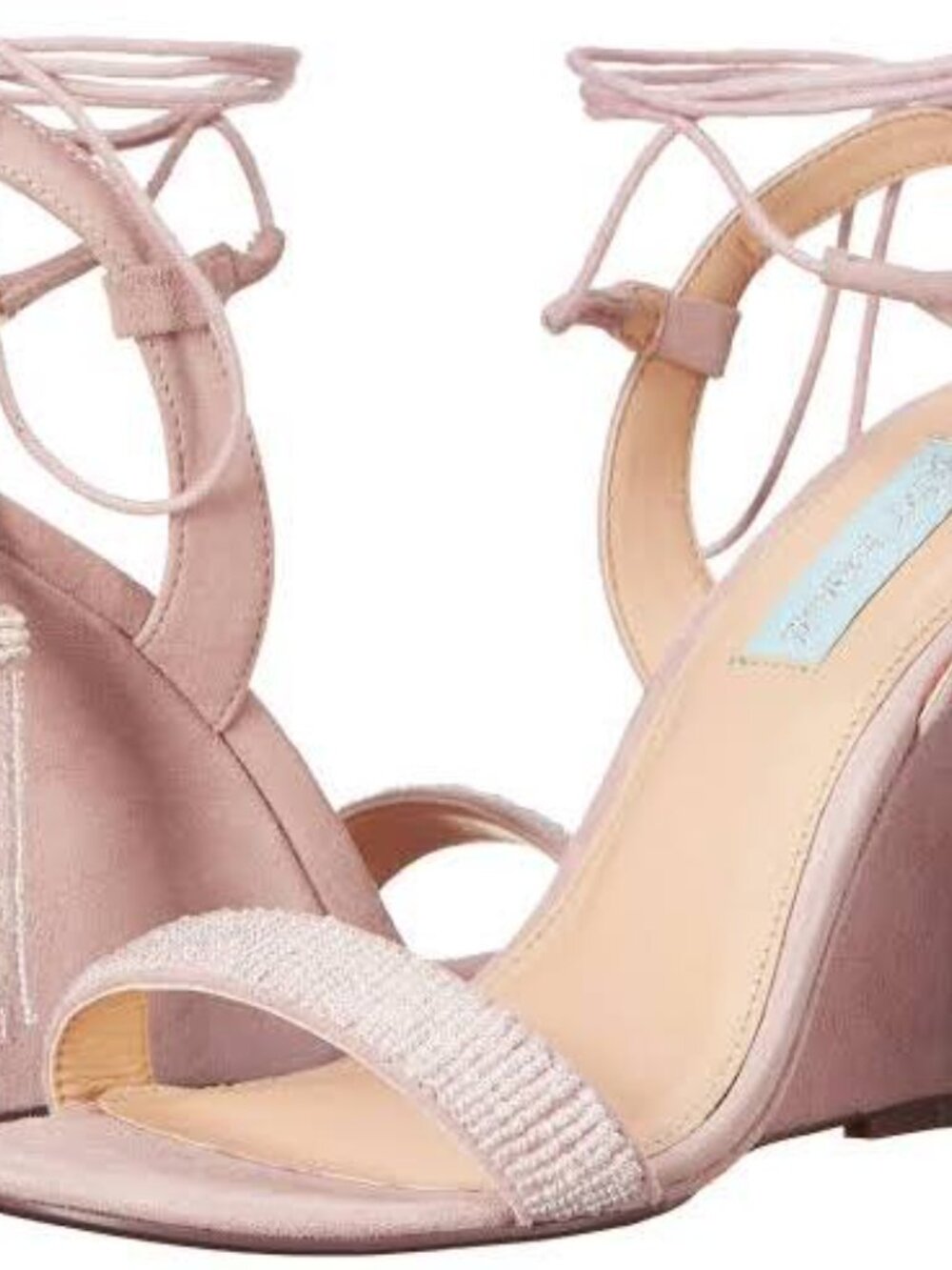Betsey Johnson Blush Wedge Tie Up Beaded Dress Sandal NWOT, Size 9.5